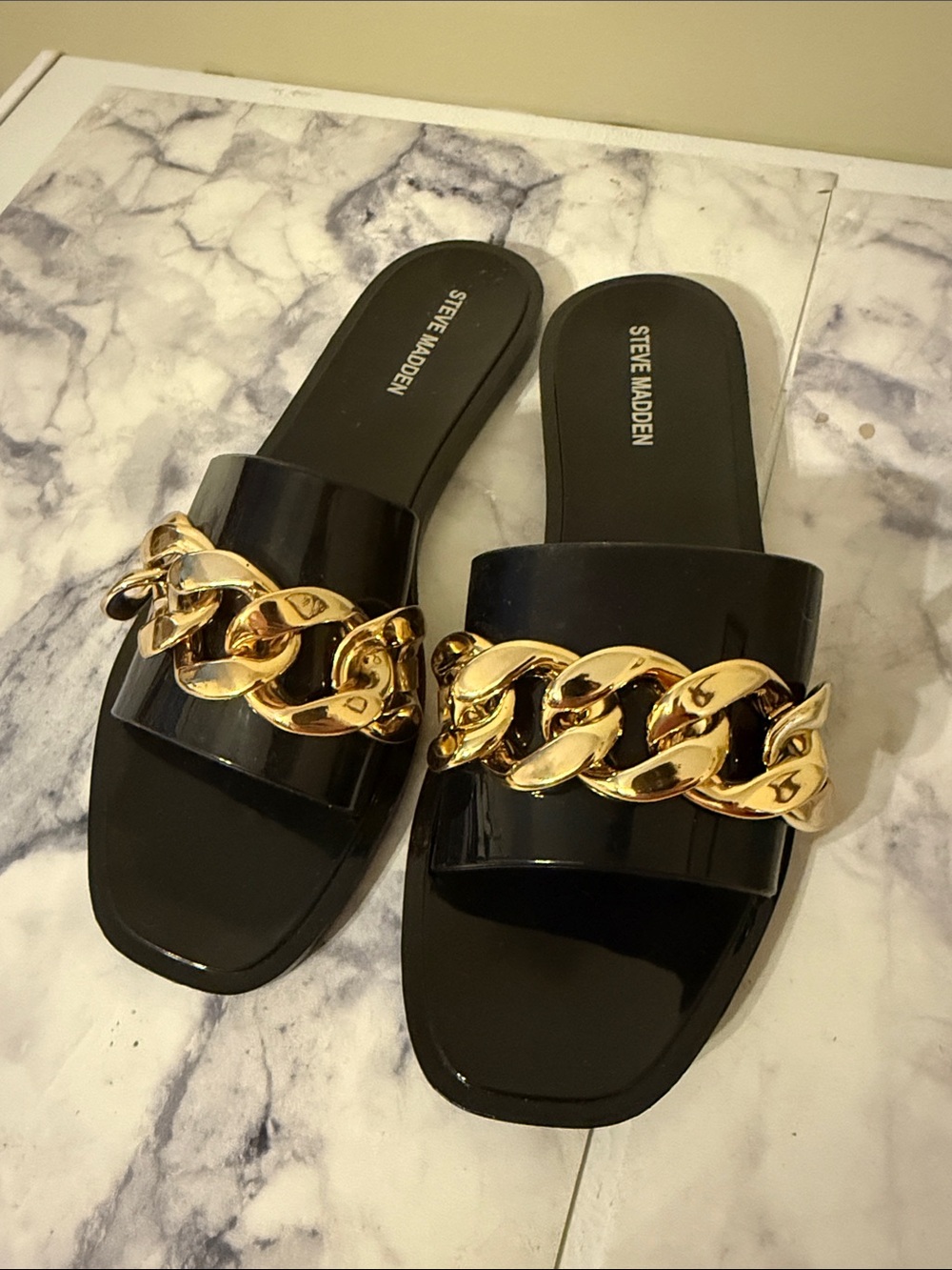 Steve Madden Black Patent Slide Sandals with Gold Chain